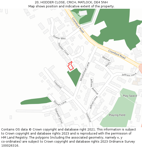 20, HODDER CLOSE, CRICH, MATLOCK, DE4 5NH: Location map and indicative extent of plot