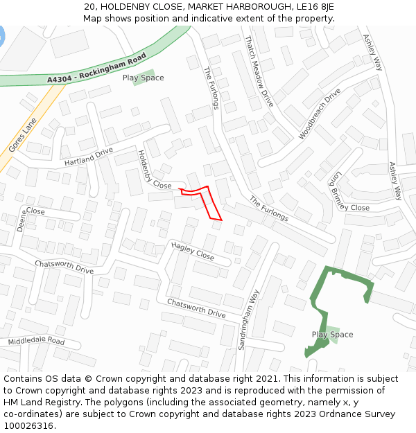 20, HOLDENBY CLOSE, MARKET HARBOROUGH, LE16 8JE: Location map and indicative extent of plot