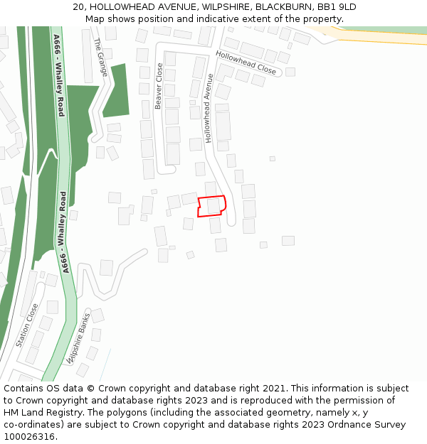 20, HOLLOWHEAD AVENUE, WILPSHIRE, BLACKBURN, BB1 9LD: Location map and indicative extent of plot