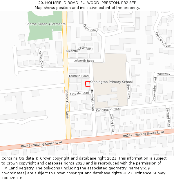 20, HOLMFIELD ROAD, FULWOOD, PRESTON, PR2 8EP: Location map and indicative extent of plot