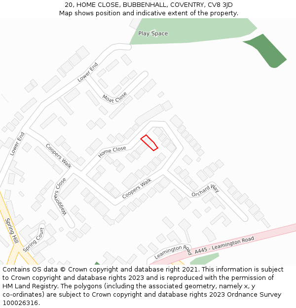 20, HOME CLOSE, BUBBENHALL, COVENTRY, CV8 3JD: Location map and indicative extent of plot