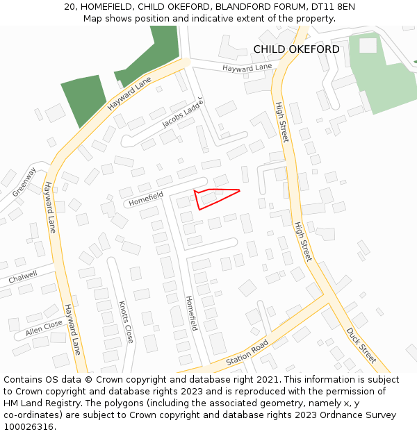 20, HOMEFIELD, CHILD OKEFORD, BLANDFORD FORUM, DT11 8EN: Location map and indicative extent of plot