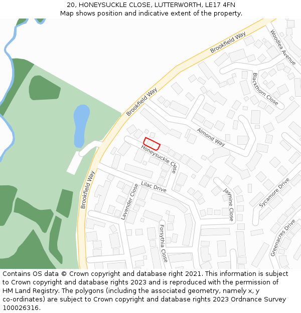20, HONEYSUCKLE CLOSE, LUTTERWORTH, LE17 4FN: Location map and indicative extent of plot
