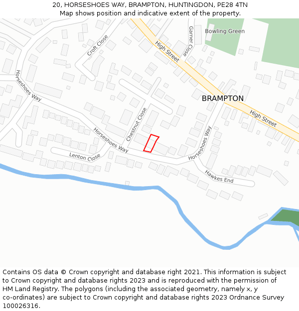 20, HORSESHOES WAY, BRAMPTON, HUNTINGDON, PE28 4TN: Location map and indicative extent of plot