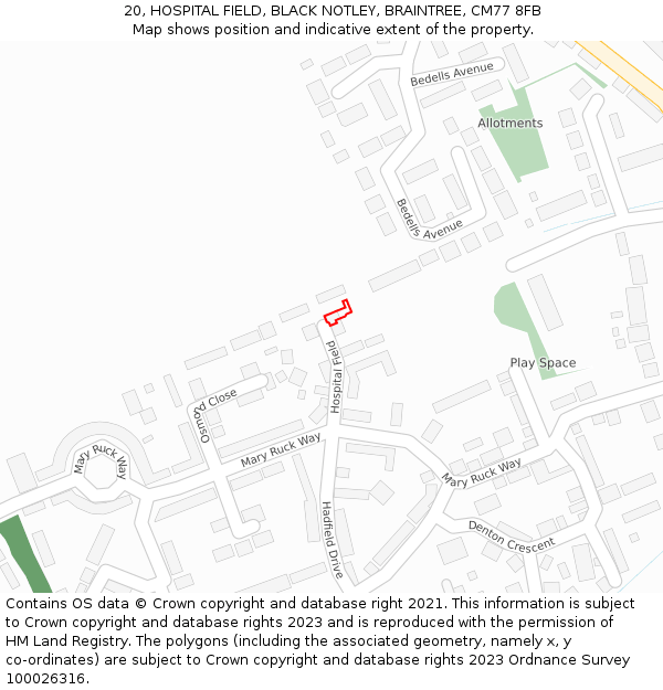 20, HOSPITAL FIELD, BLACK NOTLEY, BRAINTREE, CM77 8FB: Location map and indicative extent of plot