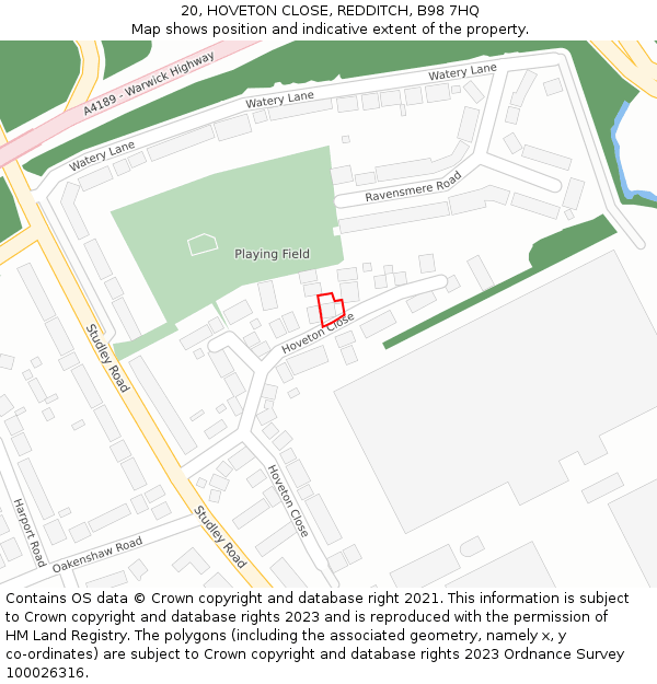 20, HOVETON CLOSE, REDDITCH, B98 7HQ: Location map and indicative extent of plot