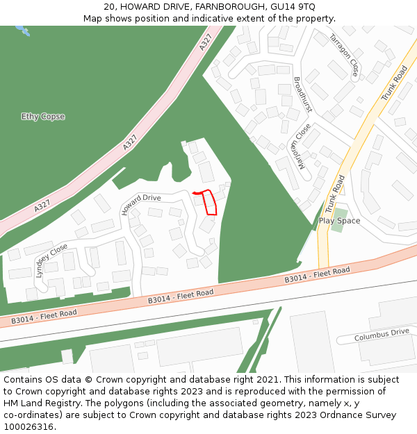 20, HOWARD DRIVE, FARNBOROUGH, GU14 9TQ: Location map and indicative extent of plot