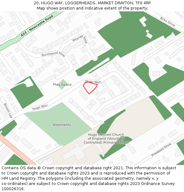 20, HUGO WAY, LOGGERHEADS, MARKET DRAYTON, TF9 4RP: Location map and indicative extent of plot