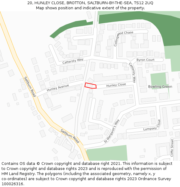 20, HUNLEY CLOSE, BROTTON, SALTBURN-BY-THE-SEA, TS12 2UQ: Location map and indicative extent of plot