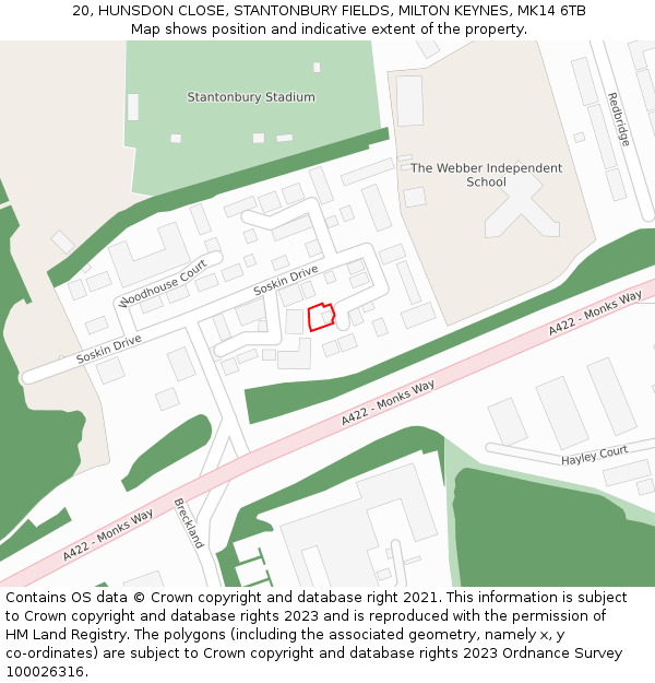 20, HUNSDON CLOSE, STANTONBURY FIELDS, MILTON KEYNES, MK14 6TB: Location map and indicative extent of plot