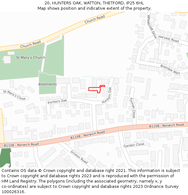 20, HUNTERS OAK, WATTON, THETFORD, IP25 6HL: Location map and indicative extent of plot