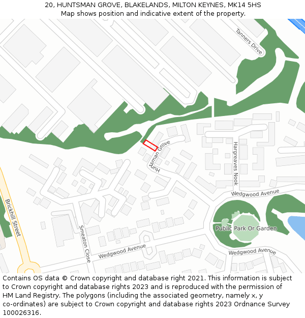 20, HUNTSMAN GROVE, BLAKELANDS, MILTON KEYNES, MK14 5HS: Location map and indicative extent of plot