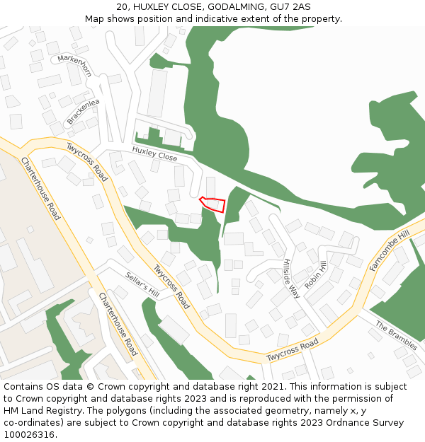 20, HUXLEY CLOSE, GODALMING, GU7 2AS: Location map and indicative extent of plot