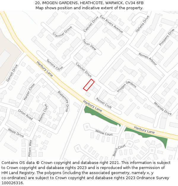 20, IMOGEN GARDENS, HEATHCOTE, WARWICK, CV34 6FB: Location map and indicative extent of plot