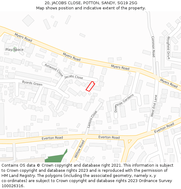 20, JACOBS CLOSE, POTTON, SANDY, SG19 2SG: Location map and indicative extent of plot