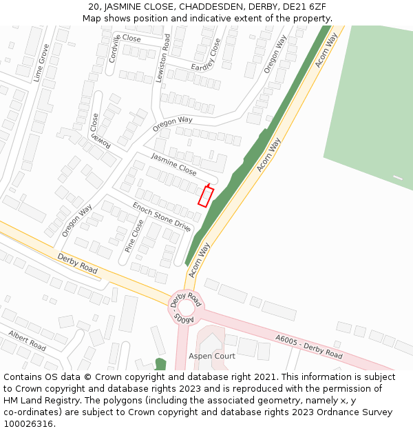 20, JASMINE CLOSE, CHADDESDEN, DERBY, DE21 6ZF: Location map and indicative extent of plot