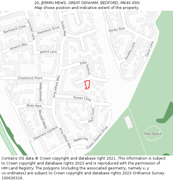 20, JERMIN MEWS, GREAT DENHAM, BEDFORD, MK40 4SN: Location map and indicative extent of plot