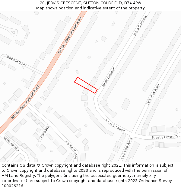 20, JERVIS CRESCENT, SUTTON COLDFIELD, B74 4PW: Location map and indicative extent of plot