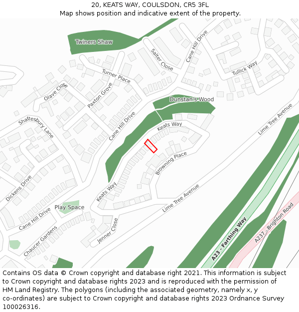 20, KEATS WAY, COULSDON, CR5 3FL: Location map and indicative extent of plot