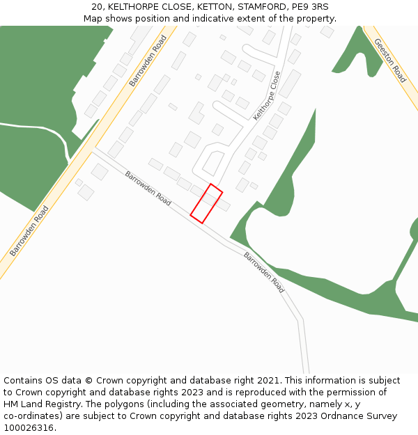 20, KELTHORPE CLOSE, KETTON, STAMFORD, PE9 3RS: Location map and indicative extent of plot