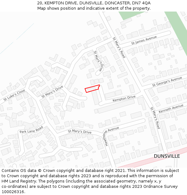 20, KEMPTON DRIVE, DUNSVILLE, DONCASTER, DN7 4QA: Location map and indicative extent of plot