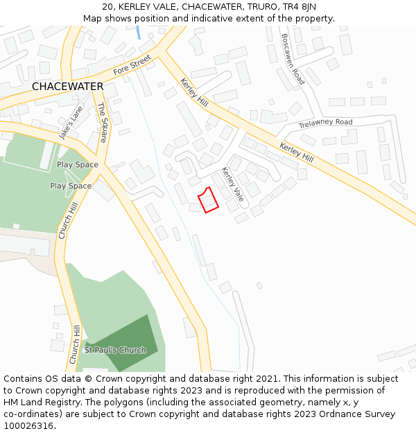 20, KERLEY VALE, CHACEWATER, TRURO, TR4 8JN: Location map and indicative extent of plot