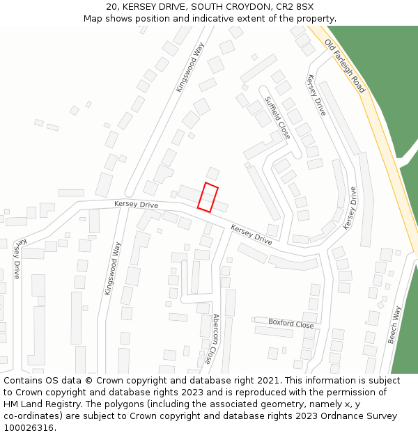 20, KERSEY DRIVE, SOUTH CROYDON, CR2 8SX: Location map and indicative extent of plot