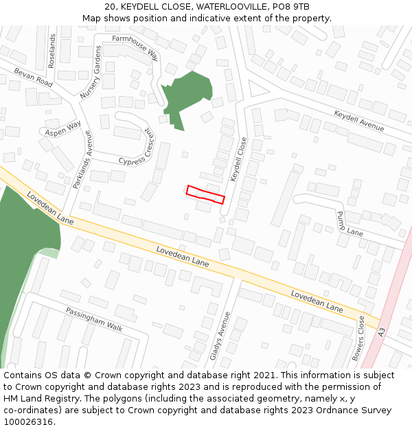 20, KEYDELL CLOSE, WATERLOOVILLE, PO8 9TB: Location map and indicative extent of plot