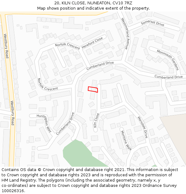 20, KILN CLOSE, NUNEATON, CV10 7RZ: Location map and indicative extent of plot