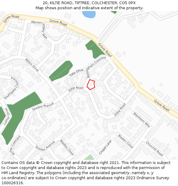 20, KILTIE ROAD, TIPTREE, COLCHESTER, CO5 0PX: Location map and indicative extent of plot