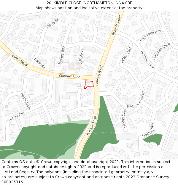 20, KIMBLE CLOSE, NORTHAMPTON, NN4 0RF: Location map and indicative extent of plot