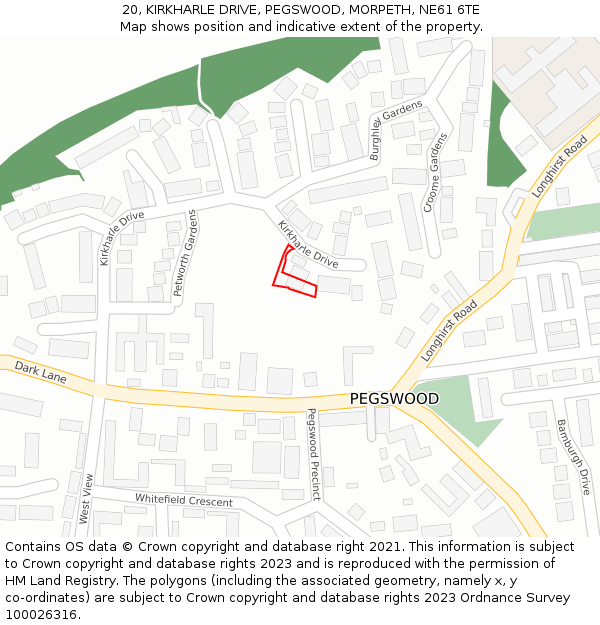 20, KIRKHARLE DRIVE, PEGSWOOD, MORPETH, NE61 6TE: Location map and indicative extent of plot