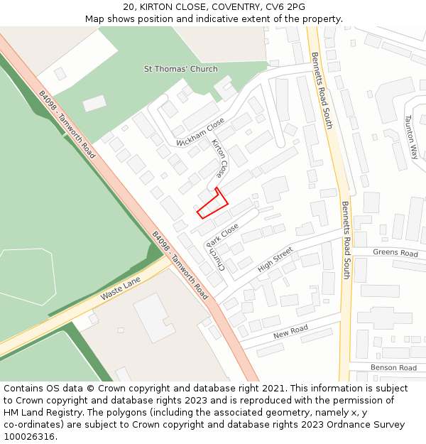 20, KIRTON CLOSE, COVENTRY, CV6 2PG: Location map and indicative extent of plot