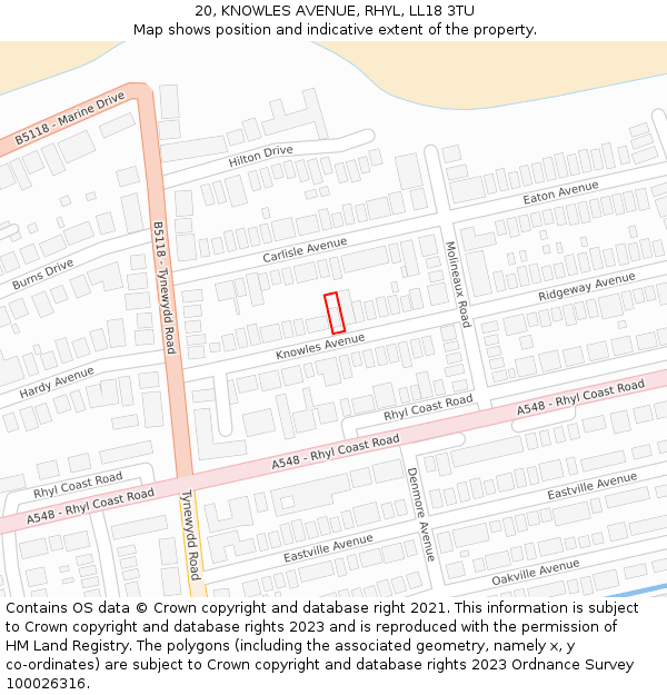 20, KNOWLES AVENUE, RHYL, LL18 3TU: Location map and indicative extent of plot