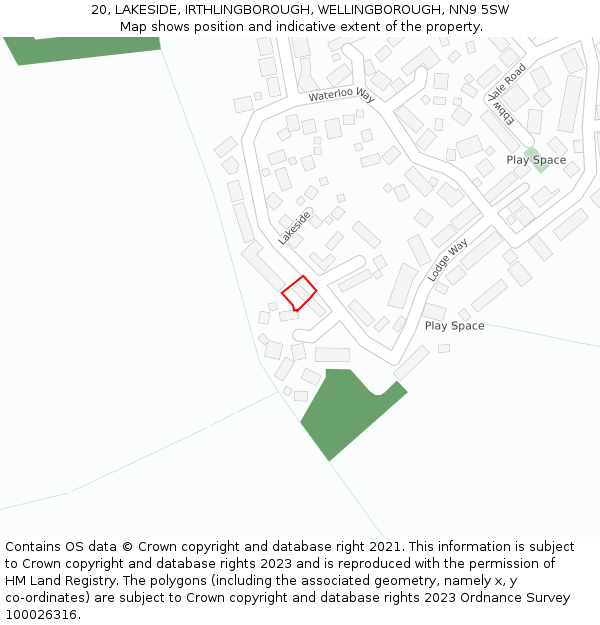 20, LAKESIDE, IRTHLINGBOROUGH, WELLINGBOROUGH, NN9 5SW: Location map and indicative extent of plot