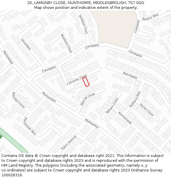 20, LAMONBY CLOSE, NUNTHORPE, MIDDLESBROUGH, TS7 0QG: Location map and indicative extent of plot