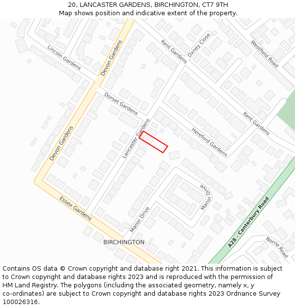 20, LANCASTER GARDENS, BIRCHINGTON, CT7 9TH: Location map and indicative extent of plot