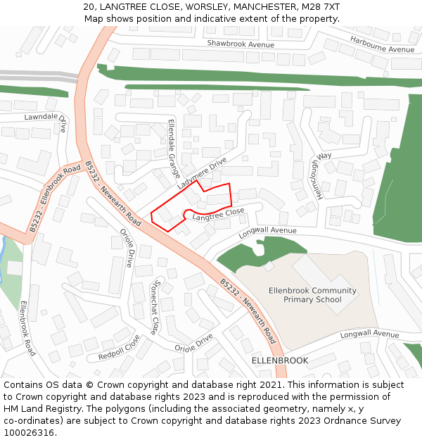 20, LANGTREE CLOSE, WORSLEY, MANCHESTER, M28 7XT: Location map and indicative extent of plot