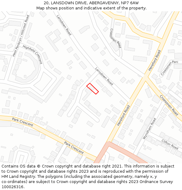 20, LANSDOWN DRIVE, ABERGAVENNY, NP7 6AW: Location map and indicative extent of plot