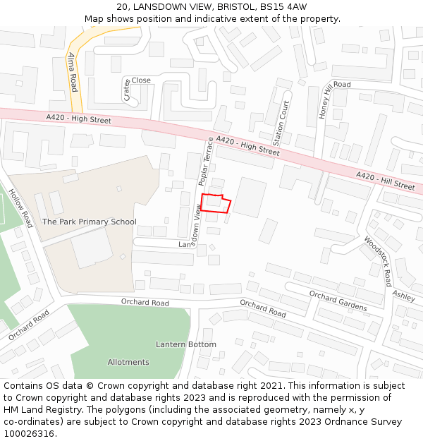 20, LANSDOWN VIEW, BRISTOL, BS15 4AW: Location map and indicative extent of plot