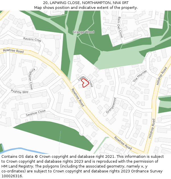 20, LAPWING CLOSE, NORTHAMPTON, NN4 0RT: Location map and indicative extent of plot
