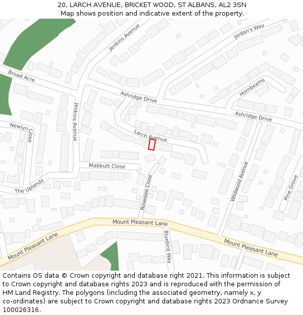 20, LARCH AVENUE, BRICKET WOOD, ST ALBANS, AL2 3SN: Location map and indicative extent of plot