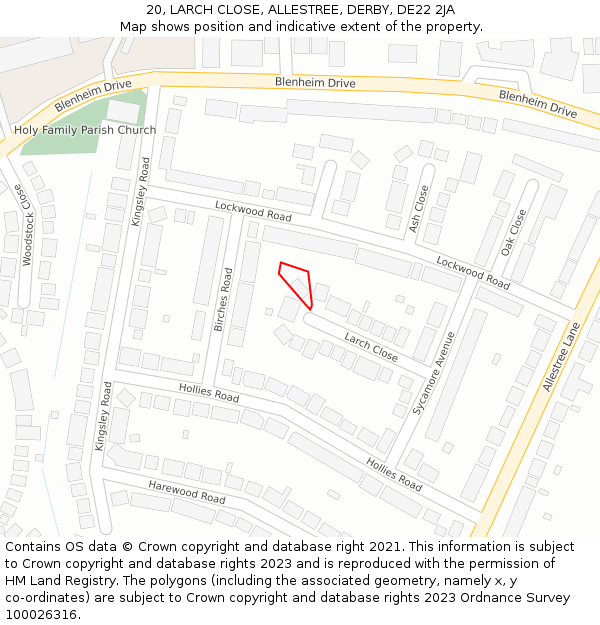 20, LARCH CLOSE, ALLESTREE, DERBY, DE22 2JA: Location map and indicative extent of plot