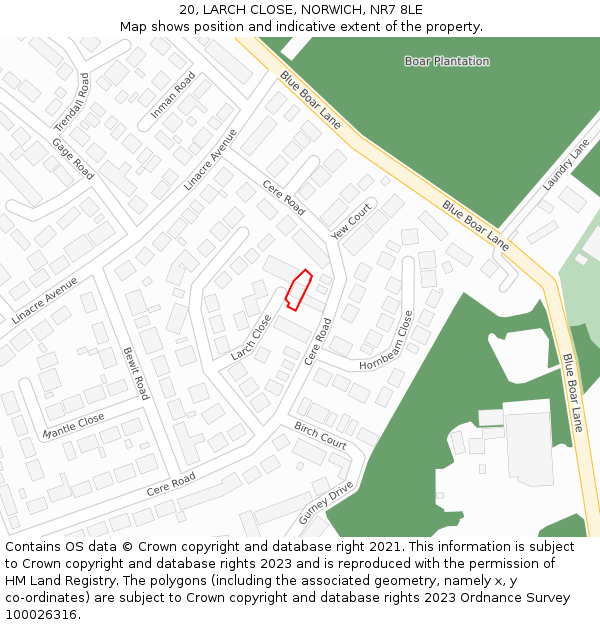 20, LARCH CLOSE, NORWICH, NR7 8LE: Location map and indicative extent of plot