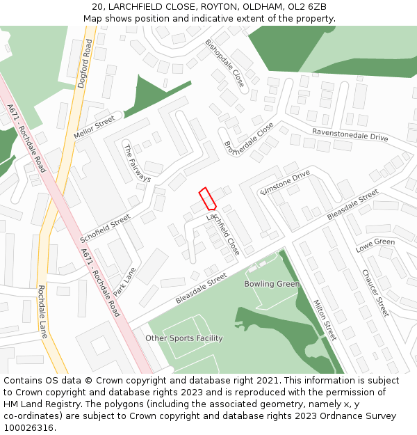 20, LARCHFIELD CLOSE, ROYTON, OLDHAM, OL2 6ZB: Location map and indicative extent of plot