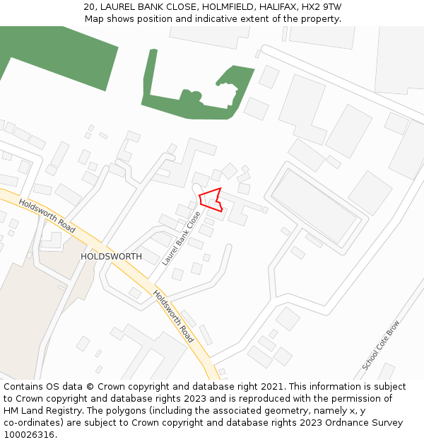 20, LAUREL BANK CLOSE, HOLMFIELD, HALIFAX, HX2 9TW: Location map and indicative extent of plot