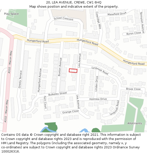 20, LEA AVENUE, CREWE, CW1 6HQ: Location map and indicative extent of plot