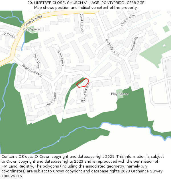 20, LIMETREE CLOSE, CHURCH VILLAGE, PONTYPRIDD, CF38 2GE: Location map and indicative extent of plot