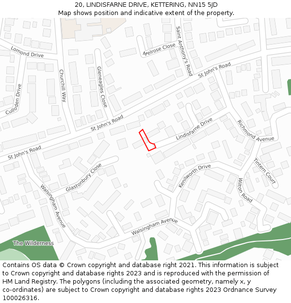 20, LINDISFARNE DRIVE, KETTERING, NN15 5JD: Location map and indicative extent of plot