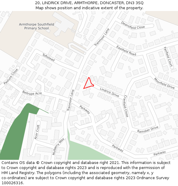 20, LINDRICK DRIVE, ARMTHORPE, DONCASTER, DN3 3SQ: Location map and indicative extent of plot